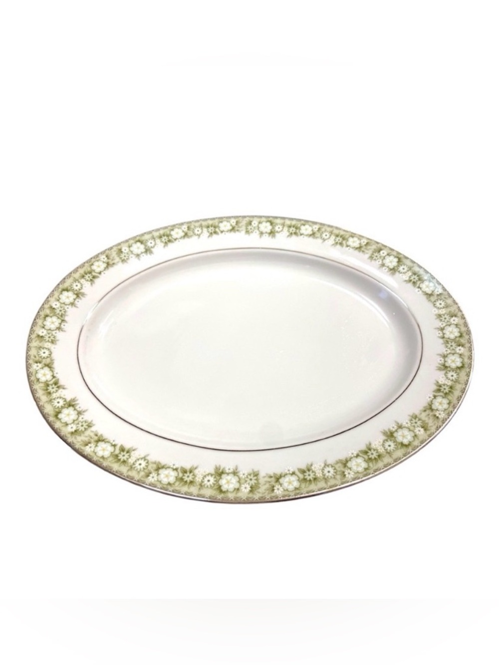 Noritake Princeton 6911 Oval Serving Platter 13.5” Japan Green Floral Silver Rim